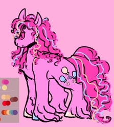 Size: 1555x1747 | Tagged: safe, artist:rare-apples, pinkie pie, earth pony, pony, g4, 2d, colored, digital art, female, fetlock tuft, mare, redesign, reference sheet, sketch, smiling, solo, unshorn fetlocks