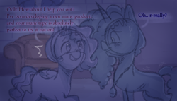 Size: 1106x633 | Tagged: safe, anonymous artist, misty brightdawn, pipp petals, pegasus, pony, unicorn, series:misty pov, g5, brick wall, bruised, chair, chubby, concave belly, cornrows, diadem, dialogue, duo, duo female, female, folded wings, grin, hair dryer, height difference, jewelry, limited palette, looking at each other, looking at someone, mane melody (location), mare, medallion, necklace, nervous, nervous smile, physique difference, pipp is short, pipp is smol, ribs, shaking, skinny, smiling, smol, sweat, sweatdrops, thin, wings