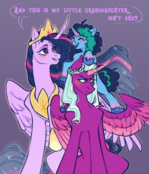 Size: 2671x3100 | Tagged: safe, artist:djkaskan, misty brightdawn, opaline arcana, twilight sparkle, alicorn, pony, unicorn, g4, g5, the last problem, spoiler:g5, alternate universe, blushing, coat markings, confused, crown, curved horn, dialogue, eyes closed, female, freckles, frown, high res, horn, jewelry, looking at someone, looking away, looking down, mare, misty riding opaline, older, older twilight, opaline arcana is twilight's daughter, open mouth, open smile, outline, partially open wings, peytral, princess twilight 2.0, raised hoof, regalia, simple background, sitting, smiling, socks (coat markings), sparkles, speech bubble, trio, trio female, turned head, twilight sparkle (alicorn), unshorn fetlocks, wings