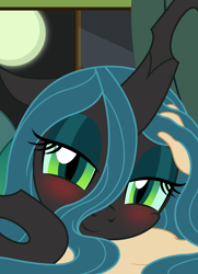 Size: 1792x2470 | Tagged: safe, artist:badumsquish, derpibooru exclusive, queen chrysalis, changeling, changeling queen, fairy, human, g4, blushing, cuddling, curtains, cute, cutealis, female, glass, human on changeling snuggling, lidded eyes, looking at you, mare, moon, moonlight, night, offscreen character, open window, pov, show accurate, sleepy, smiling, solo, window