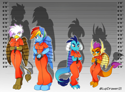 Size: 2048x1508 | Tagged: safe, artist:lupdrawer21, gilda, princess ember, rainbow dash, smolder, dragon, griffon, pegasus, anthro, unguligrade anthro, g4, bound wings, clothes, cuffed, cuffs, female, group, jumpsuit, prison outfit, prisoner, prisoner ember, prisoner gilda, prisoner rd, prisoner smolder, quartet, varying degrees of want, wings