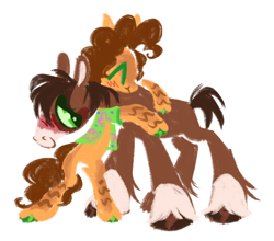 Size: 1280x1128 | Tagged: safe, artist:webkinzworldz, cheese sandwich, trouble shoes, clydesdale, earth pony, pony, g4, blaze (coat marking), blush scribble, blushing, body markings, clothes, coat markings, colored hooves, colored sclera, crack shipping, duo, duo male, eyes closed, facial markings, featured image, gay, green eyes, hawaiian shirt, hoof polish, hug, looking at someone, male, ship:cheeseshoes, shipping, shirt, simple background, socks (coat markings), white background