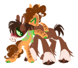 Size: 1280x1128 | Tagged: safe, artist:peaceandlove26, cheese sandwich, trouble shoes, clydesdale, earth pony, pony, g4, blaze (coat marking), blush scribble, blushing, body markings, clothes, coat markings, colored hooves, colored sclera, crack shipping, cute, daaaaaaaaaaaw, duo, duo male, eyes closed, facial markings, featured image, gay, green eyes, hawaiian shirt, hoof polish, hug, looking at someone, male, ship:cheeseshoes, shipping, shirt, simple background, socks (coat markings), white background