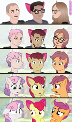 Size: 2424x4128 | Tagged: safe, artist:axiomtf, artist:zeydaan, apple bloom, scootaloo, sweetie belle, oc, earth pony, human, pegasus, pony, unicorn, g4, age regression, apple bloom's bow, bow, cutie mark crusaders, female, filly, foal, glasses, hair bow, human to pony, male to female, reality shift, rule 63, show accurate, stubble, transformation, transformation sequence, transgender transformation, younger