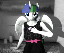 Size: 1657x1383 | Tagged: safe, artist:frostydream, oc, oc only, oc:sally whitesnow, alicorn, anthro, 3d, alicorn oc, breasts, clothes, dress, female, horn, kitchen, solo, source filmmaker, wings