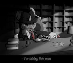 Size: 3500x3028 | Tagged: safe, artist:auroracursed, izzy moonbow, unicorn, anthro, g5, black and white, book, bookshelf, candy, cute, detective, detective izzy, equine, female, food, glasses, grayscale, high res, inkwell, izzybetes, lamp, lollipop, mare, monochrome, noir, quill, solo, sticker