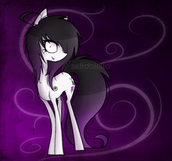 Size: 2000x1875 | Tagged: safe, artist:zeffdakilla, oc, oc only, oc:lacey lullaby, earth pony, pony, abstract background, black mane, emo, female, looking at you, purple background, simple background, skinny, solo, standing, thin, white fur