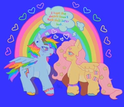 Size: 1440x1241 | Tagged: safe, artist:ariariari.png, fluttershy, rainbow dash, pegasus, pony, g4, bisexual pride flag, blushing, bracelet, colored hooves, duo, female, flower, flower in hair, heart, jewelry, lesbian, lesbian pride flag, looking at each other, looking at someone, pride, pride flag, rainbow, ship:flutterdash, shipping, sweat, sweatdrop, thought bubble