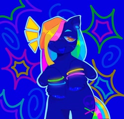 Size: 1440x1381 | Tagged: safe, artist:ariariari.png, oc, oc only, oc:skittl stix, earth pony, pony, g4, bracelet, ear piercing, eyeshadow, female, glow rings, jewelry, makeup, mare, multicolored hair, piercing, solo