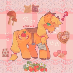 Size: 1440x1440 | Tagged: safe, artist:ariariari.png, applejack, earth pony, pony, g4, alternate cutie mark, alternate design, apple, bandage, bandaged leg, cowboy hat, food, hat, redesign, saddle, solo, tack