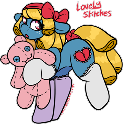 Size: 1534x1543 | Tagged: safe, artist:sexygoatgod, oc, oc only, oc:lovely stitches, earth pony, pony, bow, clothes, plushie, simple background, solo, stockings, teddy bear, thigh highs, transparent background