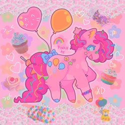 Size: 1440x1440 | Tagged: safe, artist:ariariari.png, pinkie pie, earth pony, pony, g4, balloon, bracelet, candy, colored hooves, confetti, food, heart, heart balloon, jewelry, redesign, solo, sprinkles, streamers