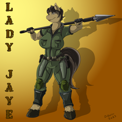 Size: 900x900 | Tagged: safe, artist:quicktron, earth pony, anthro, unguligrade anthro, big breasts, breasts, clothes, female, fingerless gloves, g.i. joe, gloves, gradient background, javelin, jumpsuit, lady jaye, military uniform, ponified, signature, smiling, solo, uniform, weapon