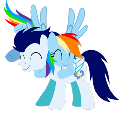 Size: 1099x1099 | Tagged: safe, artist:mlplary6, rainbow dash, soarin', pegasus, pony, g4, ^^, boyfriend and girlfriend, duo, eyes closed, female, flying, hug, male, mare, ship:soarindash, shipping, simple background, stallion, straight, transparent background, vector