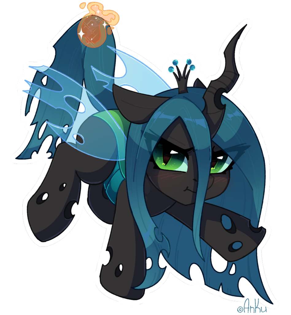[angry,blushing,changeling,changeling queen,chibi,cute,female,magic,queen chrysalis,safe,signature,simple background,solo,tail,tail hold,telekinesis,transparent background,:t,cutealis,eye clipping through hair,madorable,artist:anku]