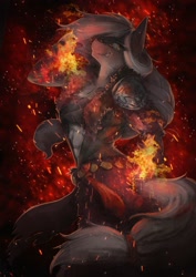 Size: 1679x2372 | Tagged: safe, artist:blvckmagic, oc, oc only, earth pony, anthro, abs, clothes, eye clipping through hair, female, fire, magic, solo