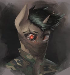 Size: 1073x1159 | Tagged: safe, artist:blvckmagic, oc, oc only, pony, unicorn, fallout equestria, augmented, bandana, camouflage, clothes, male, prosthetic eye, prosthetics, scar, solo, stallion, uniform