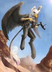 Size: 2983x4096 | Tagged: safe, artist:blvckmagic, oc, oc only, griffon, hybrid, pony, bandolier, desert, flying, grenade launcher, m79, male, reloading, solo, weapon
