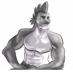 Size: 2062x2062 | Tagged: safe, artist:flutterpawss, spike, dragon, g4, adult, adult spike, clothes, gigachad, gigachad spike, high res, male, meme, missing wing, monochrome, muscles, muscular male, older, older spike, pale belly, partial nudity, ponified meme, simple background, sitting, smiling, solo, topless, white background