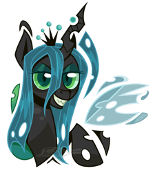 Size: 1017x1130 | Tagged: safe, artist:imaplatypus, queen chrysalis, changeling, changeling queen, g4, bust, evil grin, grin, portrait, signature, simple background, smiling, solo, white background
