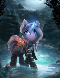 Size: 2092x2719 | Tagged: safe, artist:blvckmagic, oc, oc only, pony, unicorn, bag, clothes, dungeons and dragons, female, glowing, glowing horn, goggles, goggles on head, high res, horn, lake, magic, moon, mountain, pen and paper rpg, rpg, saddle bag, water