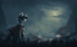 Size: 4096x2493 | Tagged: safe, artist:blvckmagic, oc, oc only, oc:jack rabbit, pony, unicorn, cigarette, cloak, clothes, goggles, gun, male, moon, night, rifle, smoking, soldier, solo, stallion, tank (vehicle), weapon