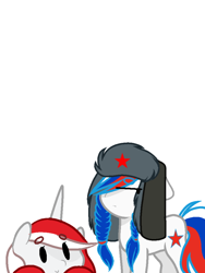 Size: 720x960 | Tagged: safe, artist:diniarvegafinahar, oc, oc only, oc:indonisty, oc:marussia, alicorn, earth pony, pony, braid, duo, female, hat, indonesia, lurk, mare, nation ponies, russia, simple background, ushanka, white background