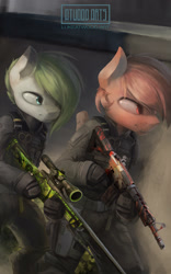 Size: 1875x3000 | Tagged: safe, artist:blvckmagic, oc, oc only, earth pony, pegasus, semi-anthro, arm hooves, clothes, counter-strike: global offensive, earth pony oc, gun, male, military uniform, pegasus oc, rifle, sniper rifle, uniform, weapon