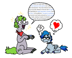 Size: 2046x1635 | Tagged: safe, artist:punkittdev, oc, oc only, pegasus, pony, unicorn, bandana, choker, commission, controller, dialogue, duo, duo male and female, female, heart, hoof hold, lying down, male, mare, oc x oc, pictogram, prone, shipping, simple background, sitting, speech bubble, spiked choker, stallion, straight, thought bubble, unshorn fetlocks, white background