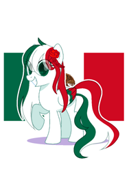 Size: 720x960 | Tagged: safe, artist:diniarvegafinahar, pegasus, pony, colored wings, eye clipping through hair, female, flag, flower, flower in hair, looking at you, mare, mexico, multicolored wings, nation ponies, ponified, simple background, smiling, solo, white background, wings