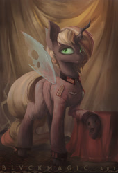 Size: 1951x2867 | Tagged: safe, artist:blvckmagic, oc, oc only, oc:recina, changeling, changeling queen, equestria at war mod, badge, clothes, female, solo, uniform