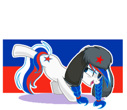 Size: 640x553 | Tagged: safe, artist:diniarvegafinahar, oc, oc only, oc:marussia, earth pony, pony, badass, braid, female, flag, hat, mare, nation ponies, open mouth, russia, simple background, solo, ushanka, white background