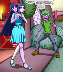 Size: 3410x3868 | Tagged: safe, artist:artemis-polara, rarity, spike, twilight sparkle, human, equestria girls, g4, breasts, busty rarity, busty twilight sparkle, cleavage, clothes, commission, conjoined, dress, equestria girls interpretation, feet, fusion, golden oaks library, high res, human spike, humanized, levitation, magic, multiple heads, nail polish, open-toed shoes, remake, scene interpretation, shoes, speech bubble, spell gone wrong, telekinesis, toenail polish, toenails, toes, two heads, two heads are better than one, we have become one