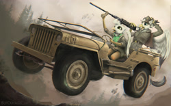 Size: 3862x2400 | Tagged: safe, artist:blvckmagic, oc, oc only, griffon, anthro, army, clothes, driving, female, forest, griffon oc, gun, high res, jeep, machine gun, military uniform, uniform, weapon, willys jeep