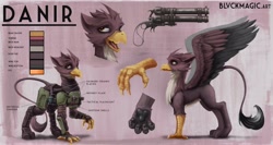 Size: 4096x2181 | Tagged: safe, artist:blvckmagic, oc, oc only, oc:danir, griffon, armor, concave belly, double barreled shotgun, griffon oc, gun, reference sheet, shotgun, solo, weapon