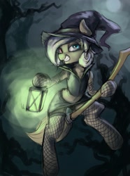 Size: 1152x1552 | Tagged: safe, artist:blvckmagic, oc, oc only, earth pony, pony, belly, belly button, broom, clothes, costume, earth pony oc, female, fishnet stockings, flying, flying broomstick, forest, halloween, halloween costume, hat, heterochromia, lantern, moon, night, solo, witch, witch hat