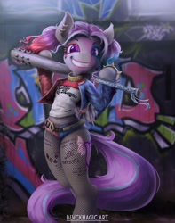 Size: 2360x3000 | Tagged: safe, artist:blvckmagic, oc, oc only, oc:platinum wing, earth pony, semi-anthro, arm hooves, baseball bat, belt, clothes, costume, dc comics, ear piercing, earth pony oc, female, fishnet stockings, graffiti, halloween, halloween costume, harley quinn, high res, lipstick, makeup, piercing, pigtails, solo, spiked wristband, tattoo, twintails, wristband