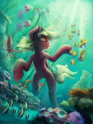 Size: 2180x2886 | Tagged: safe, artist:blvckmagic, oc, oc only, oc:picture perfect, bat pony, fish, jellyfish, octopus, pony, bat pony oc, belly, bubble, commission, crepuscular rays, digital art, feather, female, flowing mane, flowing tail, folded wings, high res, mare, ocean, orange eyes, scenery, scenery porn, seaweed, smiling, solo, sunlight, swimming, tail, underwater, water, wings
