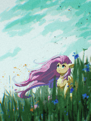 Size: 1620x2160 | Tagged: safe, artist:lendftcn, fluttershy, pegasus, pony, g4, female, film grain, grass, grass field, looking up, mare, solo, windswept mane