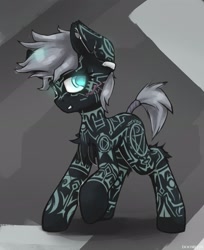 Size: 1826x2241 | Tagged: safe, artist:blvckmagic, oc, oc only, pony, abstract background, coat markings, ear piercing, piercing, scar, solo