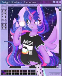 Size: 1589x1944 | Tagged: safe, artist:wavecipher, twilight sparkle, alicorn, semi-anthro, g4, aesthetics, arm hooves, clothes, ms paint, nasa, open mouth, out of frame, shirt, socks, solo, spacecore, spread wings, synthwave, twilight sparkle (alicorn), underhoof, webcore, wings