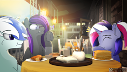 Size: 7680x4320 | Tagged: safe, artist:etheria galaxia, oc, oc only, oc:cerise azumi, oc:etheria galaxia, oc:scratch wub, alicorn, insect, pony, unicorn, wasp, absurd resolution, alicorn oc, cafe, chair, chest fluff, coffee, detailed background, eating, food, herbivore, horn, laughing, scared, table, trio, unicorn oc, wings