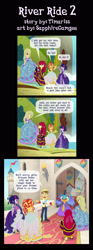 Size: 1116x3000 | Tagged: safe, artist:sapphiregamgee, apple bloom, applejack, princess ember, sunset shimmer, twilight sparkle, oc, dragon, human, equestria girls, g4, bloodstone scepter, castle, clothes, comic, commission, dress, froufrou glittery lacy outfit, gown, hat, hennin, petticoat, princess, princess apple bloom, princess applejack, river, twilight sparkle (alicorn), water, waterfall, wet clothes, wet hair