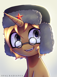 Size: 2003x2696 | Tagged: safe, artist:opal_radiance, oc, oc only, unnamed oc, pony, unicorn, bust, eyebrows, glasses, gradient background, hat, high res, horn, looking at you, open mouth, open smile, portrait, signature, smiling, smiling at you, solo, unicorn oc, ushanka