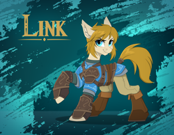 Size: 2790x2160 | Tagged: safe, artist:strafe blitz, earth pony, pony, abstract background, clothes, ear fluff, high res, link, male, ponified, raised hoof, solo, stallion, standing, the legend of zelda, the legend of zelda: breath of the wild, the legend of zelda: tears of the kingdom, turned head