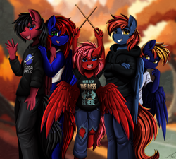 Size: 2788x2507 | Tagged: safe, artist:pridark, oc, oc only, oc:fable prose, oc:firewire, oc:gloaming flare, oc:neon sol, oc:night coder, pegasus, anthro, unguligrade anthro, breasts, drumsticks, family photo, female, half-siblings, high res, looking at you, male, one eye closed, ranchtown, wings