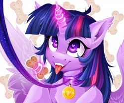 Size: 3000x2500 | Tagged: safe, artist:buvanybu, twilight sparkle, alicorn, pony, g4, behaving like a dog, collar, dog treat, fangs, female, heart, heart eyes, high res, leash, levitation, looking up, magic, mare, pet play, pet tag, pettwi, solo, telekinesis, tongue out, twilight sparkle (alicorn), wingding eyes