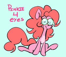 Size: 1146x1001 | Tagged: safe, artist:mew_ghost1, pinkie pie, earth pony, pony, g4, glasses, looking at you, pink fur, pink hair, simple background, sitting, solo