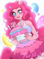 Size: 1493x2000 | Tagged: safe, artist:koshhhata, pinkie pie, earth pony, anthro, g4, balloon, belly button, breasts, busty pinkie pie, cake, eating, female, food, heart, heart eyes, human facial structure, midriff, solo, wingding eyes