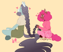 Size: 808x672 | Tagged: safe, artist:spookierdeer, fluttershy, pinkie pie, earth pony, anthro, unguligrade anthro, g4, alternate design, braid, braiding, duo, eyes closed, female, floating heart, frog (hoof), heart, lesbian, long hair, long tail, mare, redesign, ship:flutterpie, shipping, simple background, sitting, tail, underhoof, yellow background
